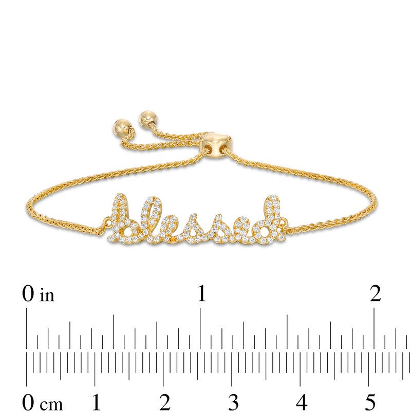 Main Image 3 of Lab-Created White Sapphire Cursive "blessed" Bolo Bracelet in Sterling Silver with 18K Gold Plate - 9"