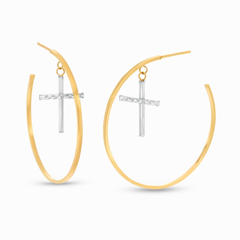 Main Image 1 of Diamond-Cut Cross Dangle Hoop Earrings in 10K Gold