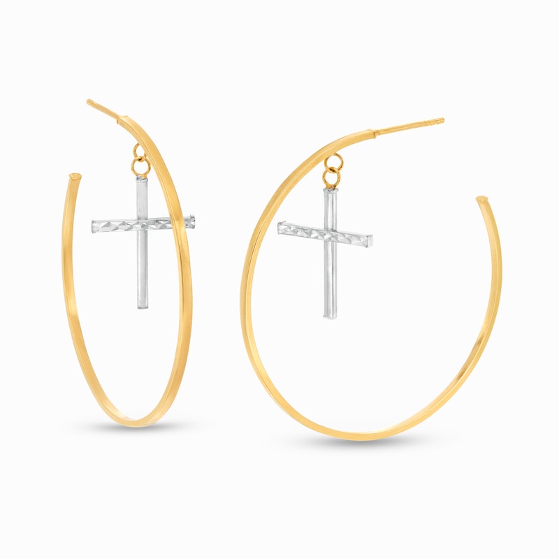 Diamond-Cut Cross Dangle Hoop Earrings in 10K Gold