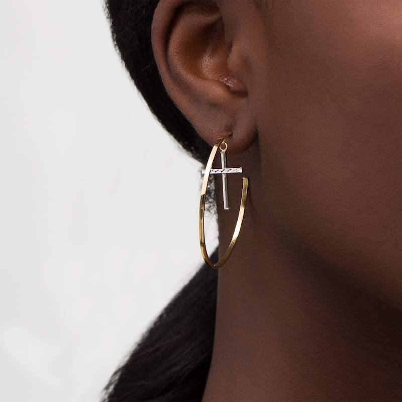Main Image 2 of Diamond-Cut Cross Dangle Hoop Earrings in 10K Gold