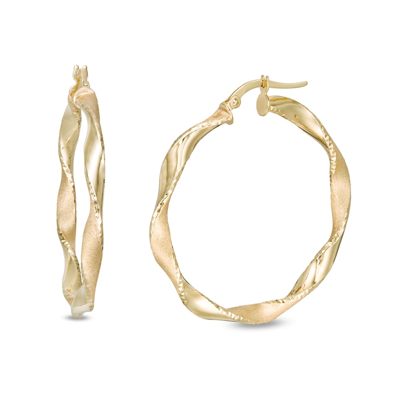 Main Image 1 of Made in Italy 30.0mm Diamond-Cut and Satin Twist Hoop Earrings in 14K Gold