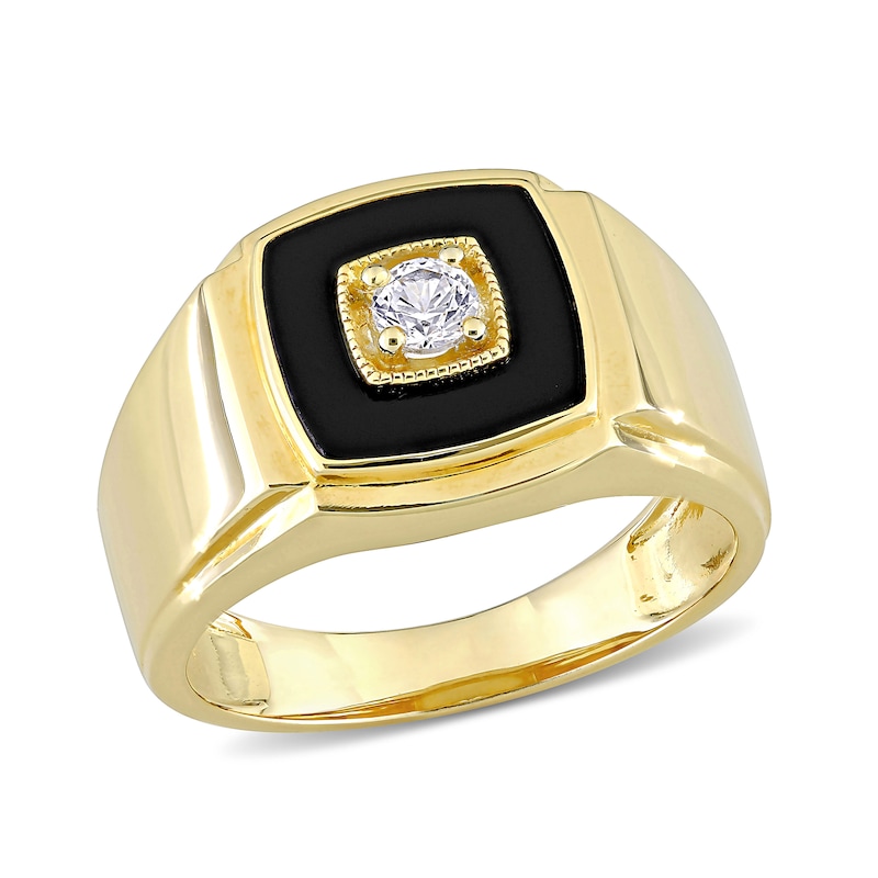 Men's 10.0mm Cushion-Cut Onyx and Lab-Created White Sapphire Stepped Edge Ring in Sterling Silver with Yellow Rhodium