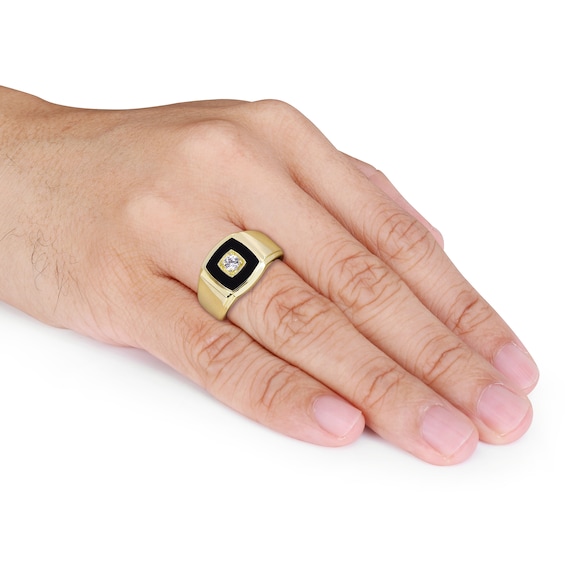 10.0mm Cushion-Shaped Onyx and Lab-Created White Sapphire Stepped Edge Ring in Sterling Silver with Yellow Rhodium