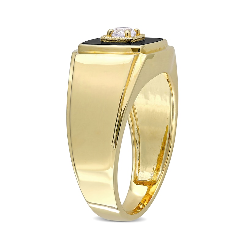 Men's 10.0mm Cushion-Cut Onyx and Lab-Created White Sapphire Stepped Edge Ring in Sterling Silver with Yellow Rhodium