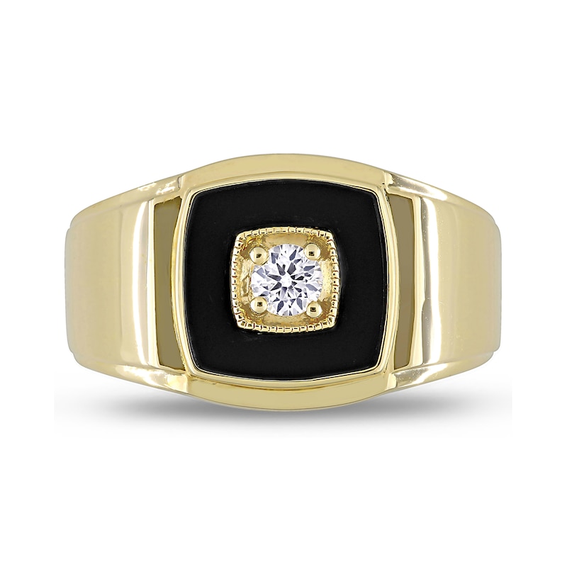Men's 10.0mm Cushion-Cut Onyx and Lab-Created White Sapphire Stepped Edge Ring in Sterling Silver with Yellow Rhodium