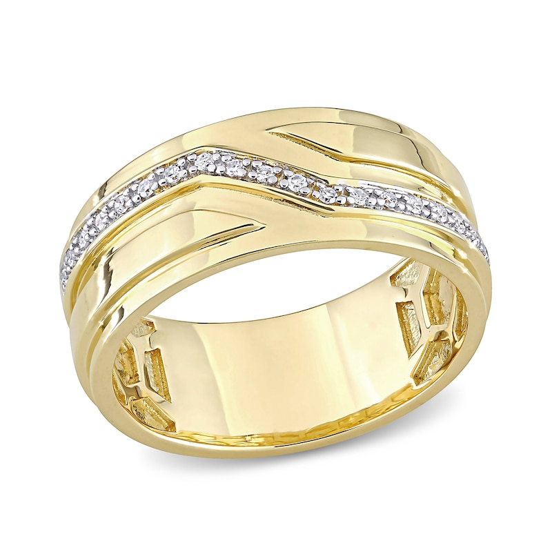 Men's 1/10 CT. T.W. Diamond Slant Stepped Edge Band in Sterling Silver with Yellow Rhodium