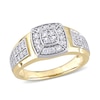 Men's Quad Lab-Created White Sapphire Cushion Frame Double Row Stepped Edge Ring in 10K Gold
