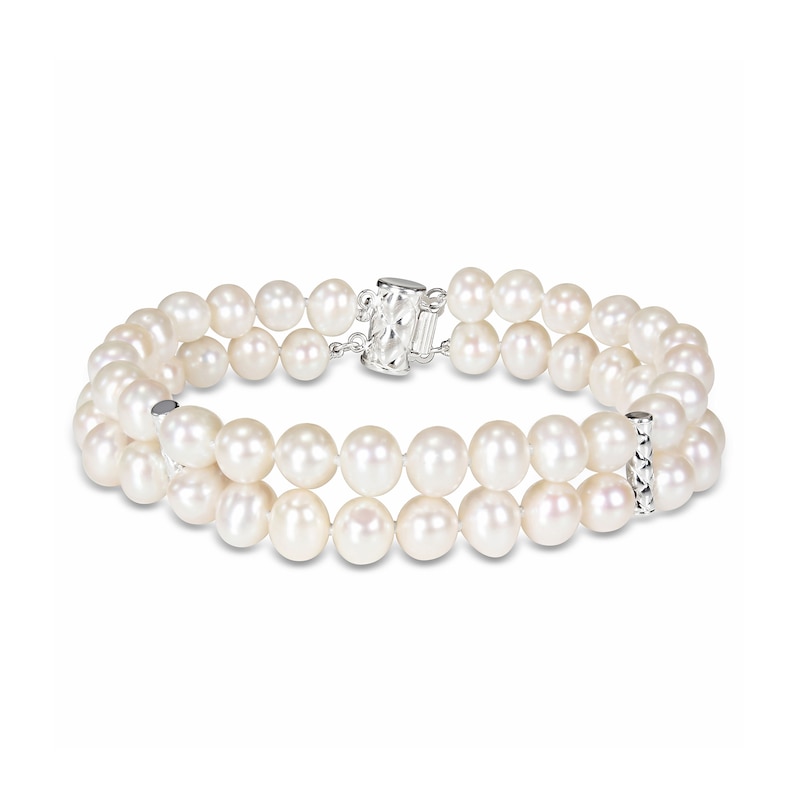 6.5-7.0mm Freshwater Cultured Pearl Barrel Station Double Strand Bracelet in Sterling Silver-7.5"