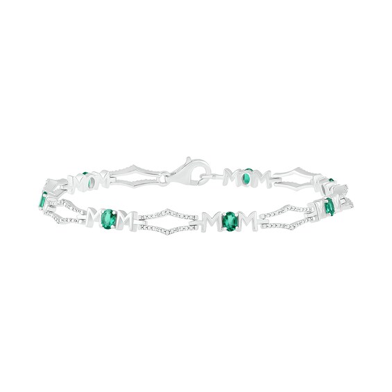 Oval Lab-Created Emerald and 1/10 CT. T.W. Diamond Kite-Shaped Art Deco Link Bracelet in Sterling Silver - 7.5" Oval Lab-Created Emerald and 1/10 CT. T.W. Diamond Kite-Shaped Art Deco Link Bracelet in Sterling Silver - 7.5"