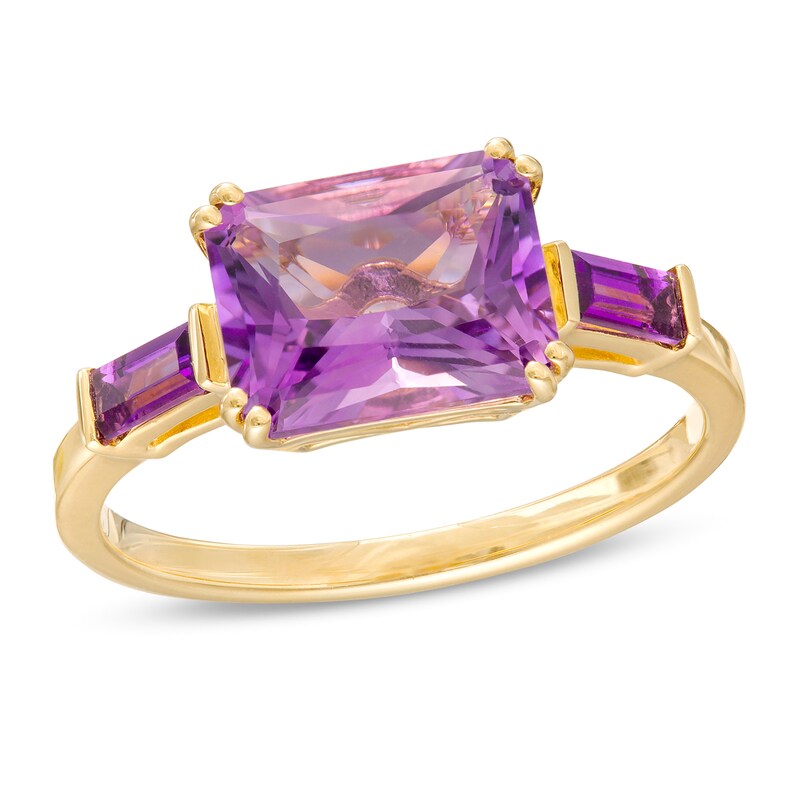 Main Image 1 of Sideways Emerald-Cut and Baguette Three Stone Ring in 10K Gold