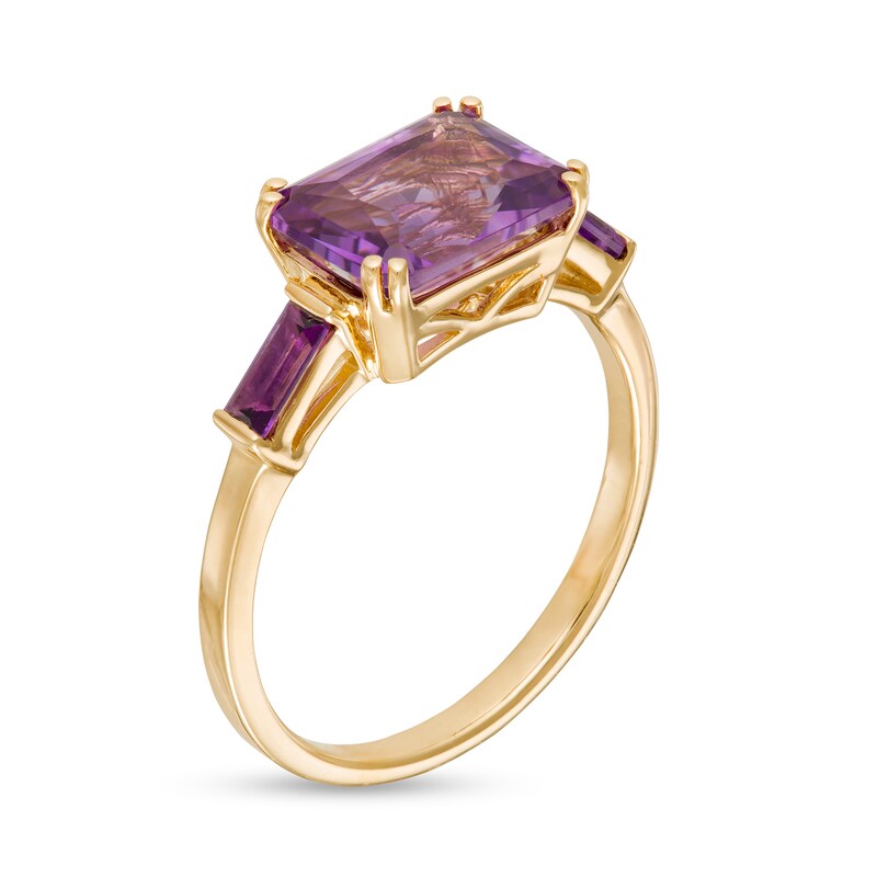 Main Image 3 of Sideways Emerald-Cut and Baguette Three Stone Ring in 10K Gold