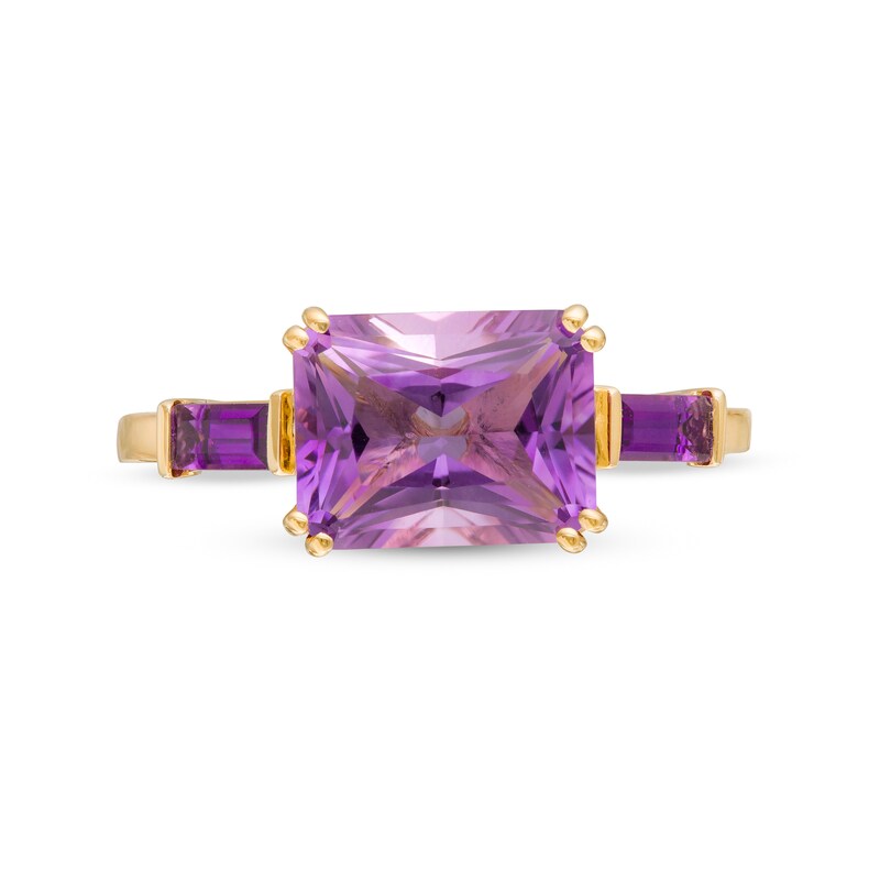 Main Image 4 of Sideways Emerald-Cut and Baguette Three Stone Ring in 10K Gold