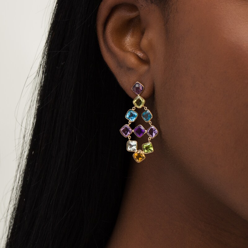 Main Image 2 of 5.0mm Cushion-Cut checkerboard Multi-Gemstone Chandelier Drop Earrings in 10K Gold