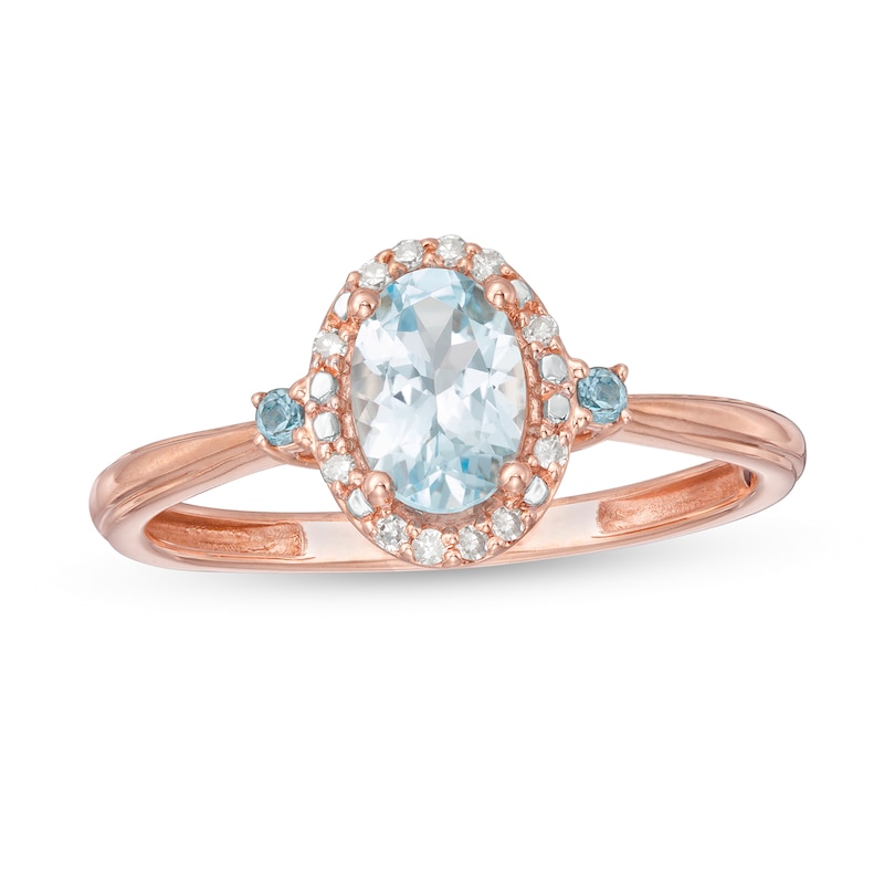 Main Image 1 of Cherished Promise Collection™ Blue Topaz and 1/20 CT. T.W. Diamond Oval Frame Promise Ring in 10K Rose Gold