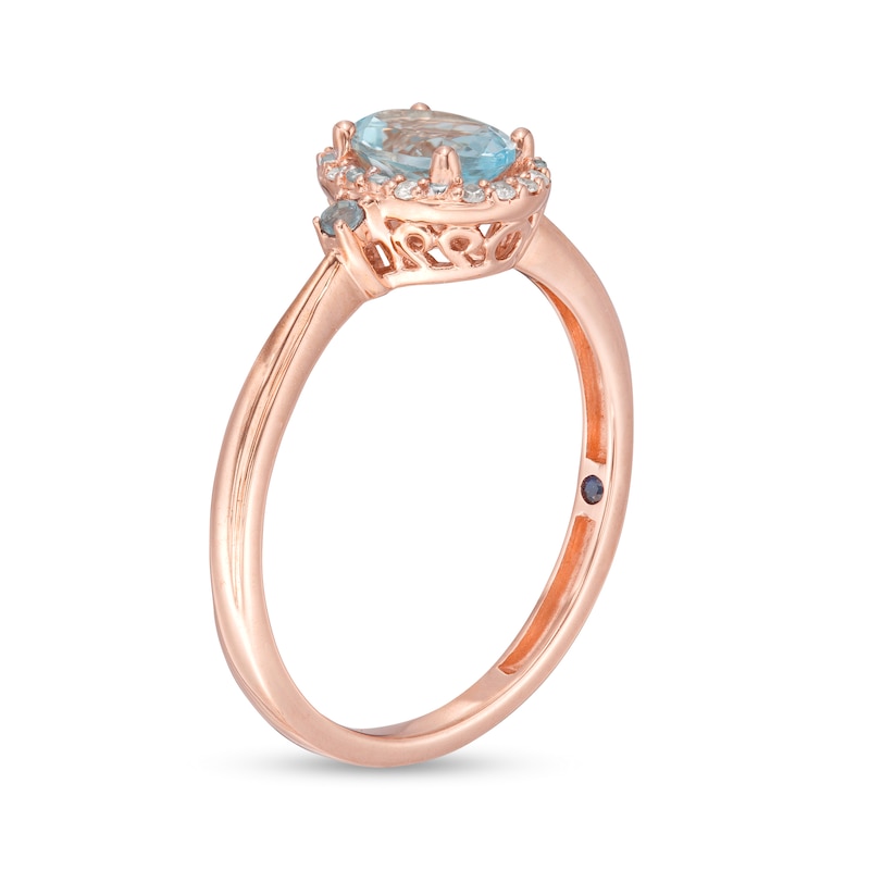 Main Image 3 of Cherished Promise Collection™ Blue Topaz and 1/20 CT. T.W. Diamond Oval Frame Promise Ring in 10K Rose Gold