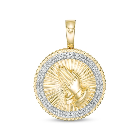 1/5 CT. T.w. Diamond Textured Rope Triple Frame Praying Hands Medallion Necklace Charm in 10K Gold
