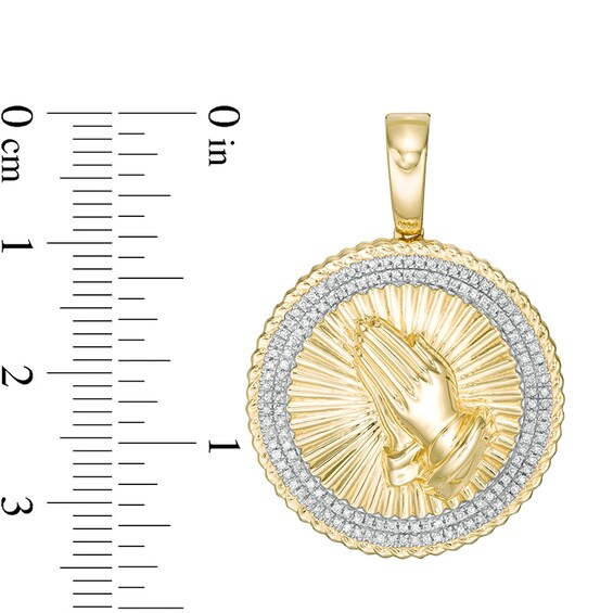 1/5 CT. T.w. Diamond Textured Rope Triple Frame Praying Hands Medallion Necklace Charm in 10K Gold