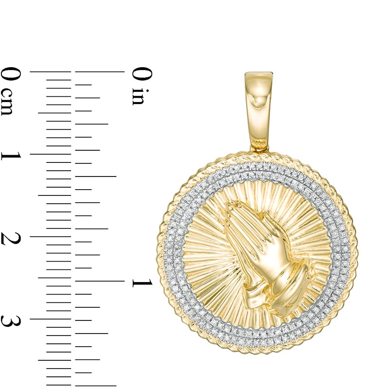 Men's 1/5 CT. T.W. Diamond Textured Rope Triple Frame Praying Hands Medallion Necklace Charm in 10K Gold