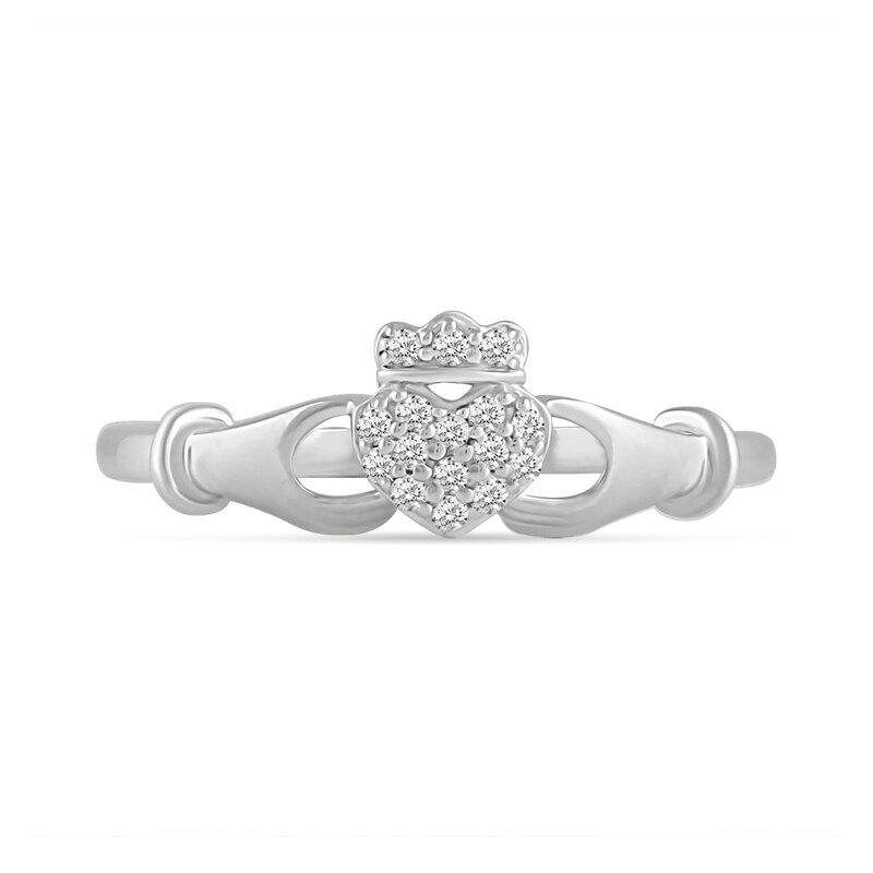 1/10 CT. T.W. Diamond Claddagh Ring in 14K White Gold