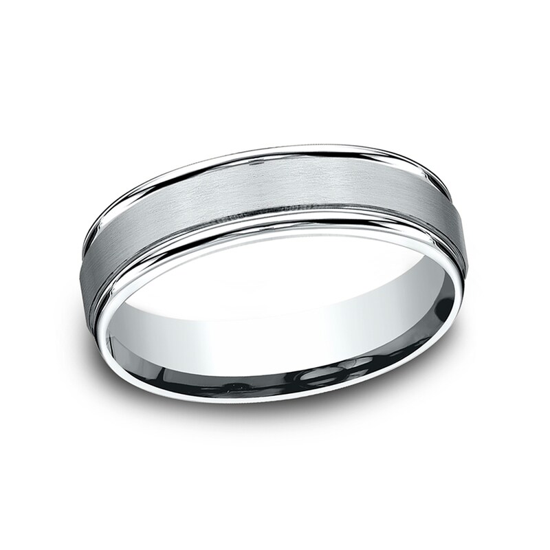 Men's 6.0mm Satin Finish Stepped Edge Comfort-Fit Wedding Band in 10K White Gold