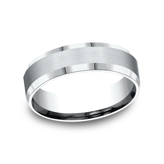 6.0mm Satin Finish Beveled Edge Comfort-Fit Wedding Band in 10K White Gold