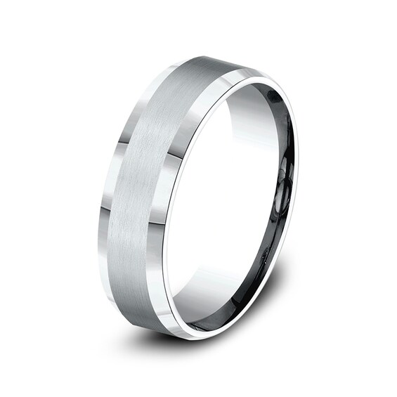 6.0mm Satin Finish Beveled Edge Comfort-Fit Wedding Band in 10K White Gold