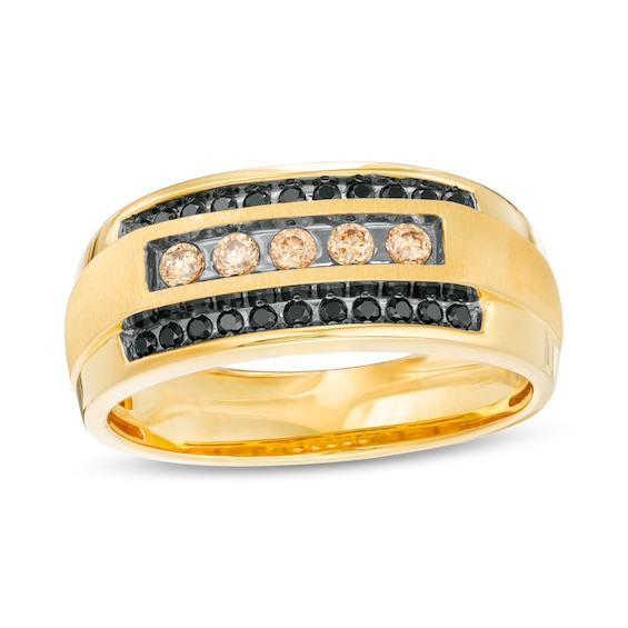 Men's 1/2 CT. T.w. Black and Champagne Diamond Triple Row Ring in 10K Gold
