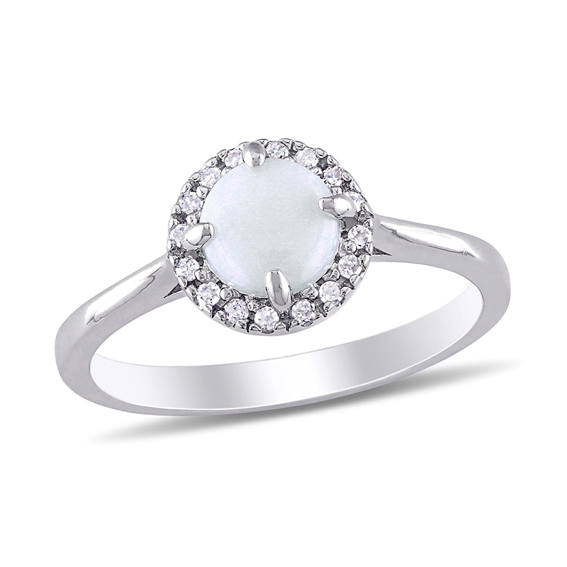 Main Image 1 of 8.0mm Cabochon Opal and 1/15 CT. T.W. Diamond Frame Ring in Sterling Silver