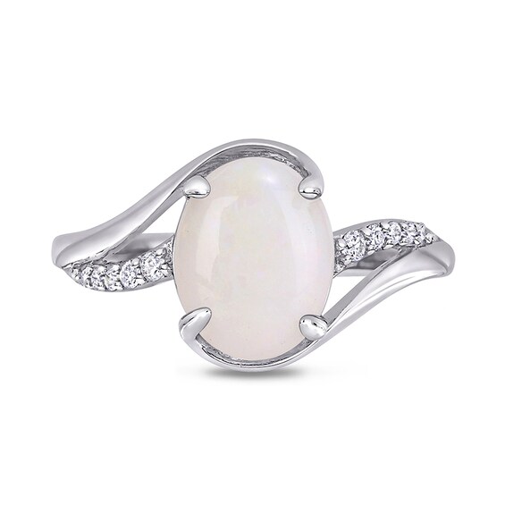 Oval Opal and 1/15 CT. T.w. Diamond Bypass Split Shank Ring in Sterling Silver