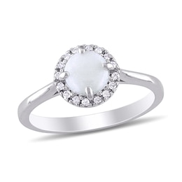 8.0mm Cabochon Opal and 1/15 CT. T.W. Diamond Frame Ring in Sterling Silver