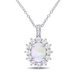 Oval Opal, White Topaz and Diamond Accent Starburst Frame Drop Pendant ...