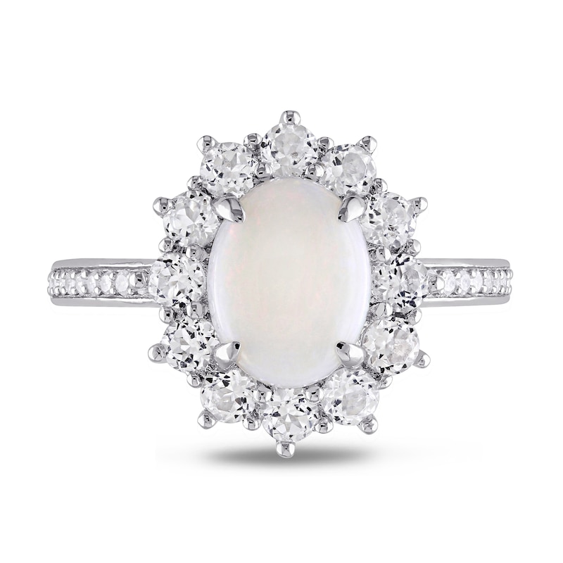 Oval Opal, White Topaz and 1/10 CT. T.W. Diamond Starburst Frame Ring in Sterling Silver