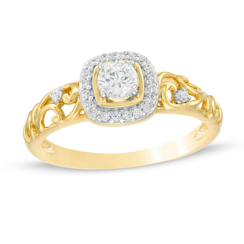 3/8 CT. T.W. Diamond Cushion Frame Filigree Shank Engagement Ring in 10K Gold