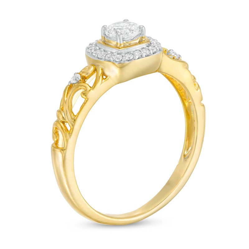 3/8 CT. T.W. Diamond Cushion Frame Filigree Shank Engagement Ring in 10K Gold