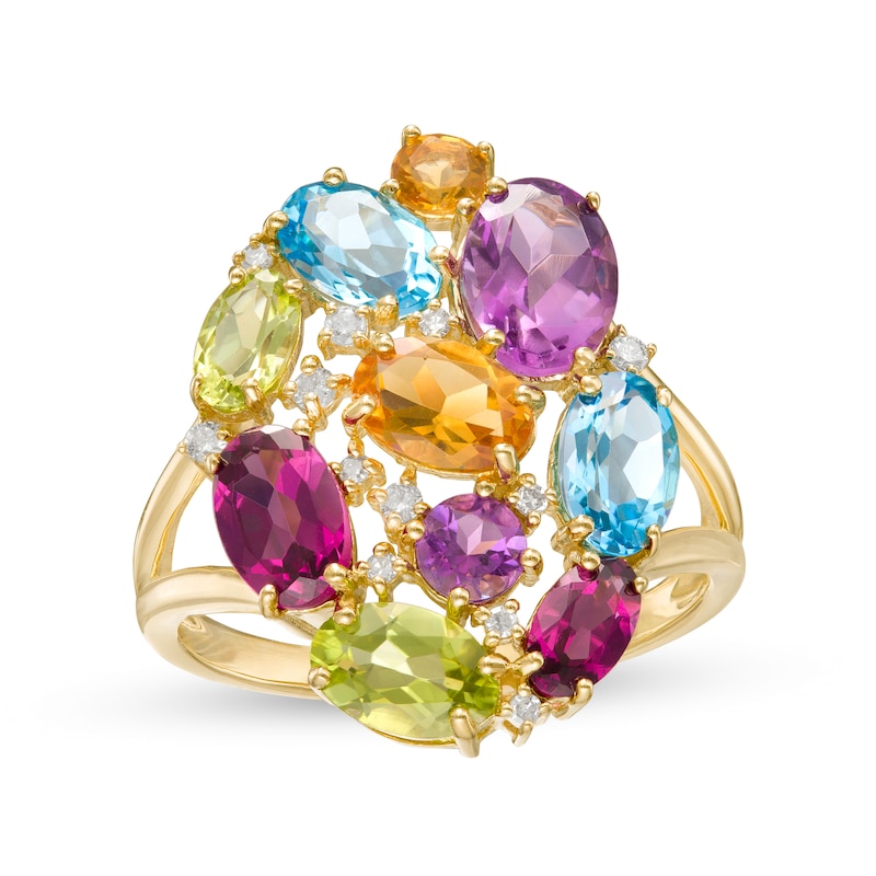 Main Image 1 of Oval and Round Multi-Gemstone and 1/10 CT. T.W. Diamond Cluster Split Shank Ring in 10K Gold