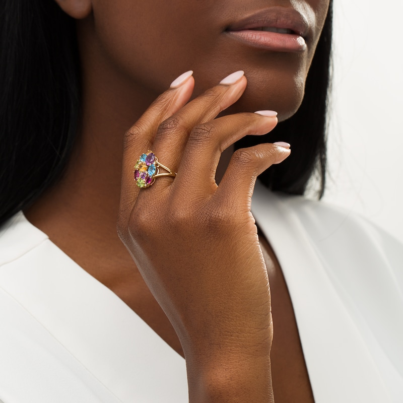 Main Image 2 of Oval and Round Multi-Gemstone and 1/10 CT. T.W. Diamond Cluster Split Shank Ring in 10K Gold