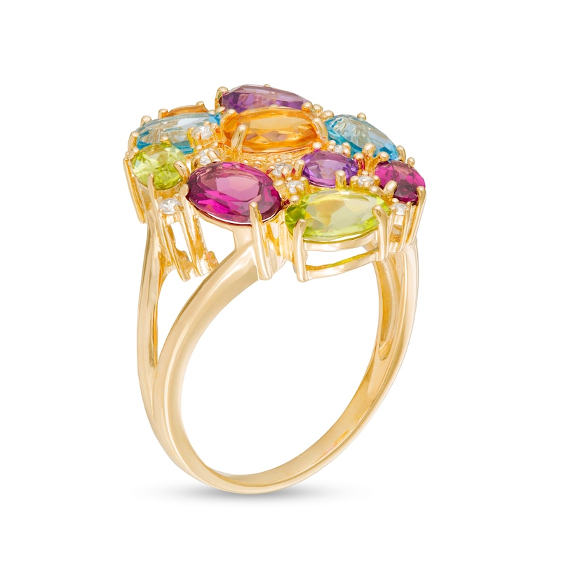 Main Image 3 of Oval and Round Multi-Gemstone and 1/10 CT. T.W. Diamond Cluster Split Shank Ring in 10K Gold