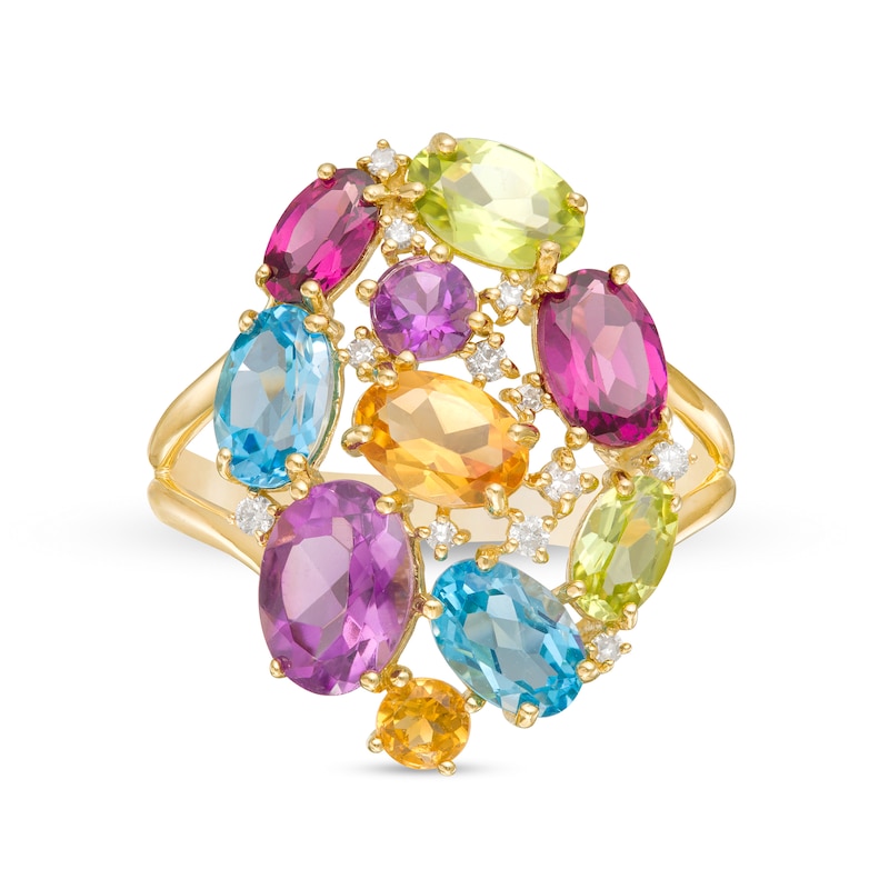 Main Image 4 of Oval and Round Multi-Gemstone and 1/10 CT. T.W. Diamond Cluster Split Shank Ring in 10K Gold