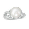 Thumbnail Image 1 of 9.0-10.0mm Button Freshwater Cultured Pearl and White Topaz Interlocking Double Loop ring in Sterling Silver