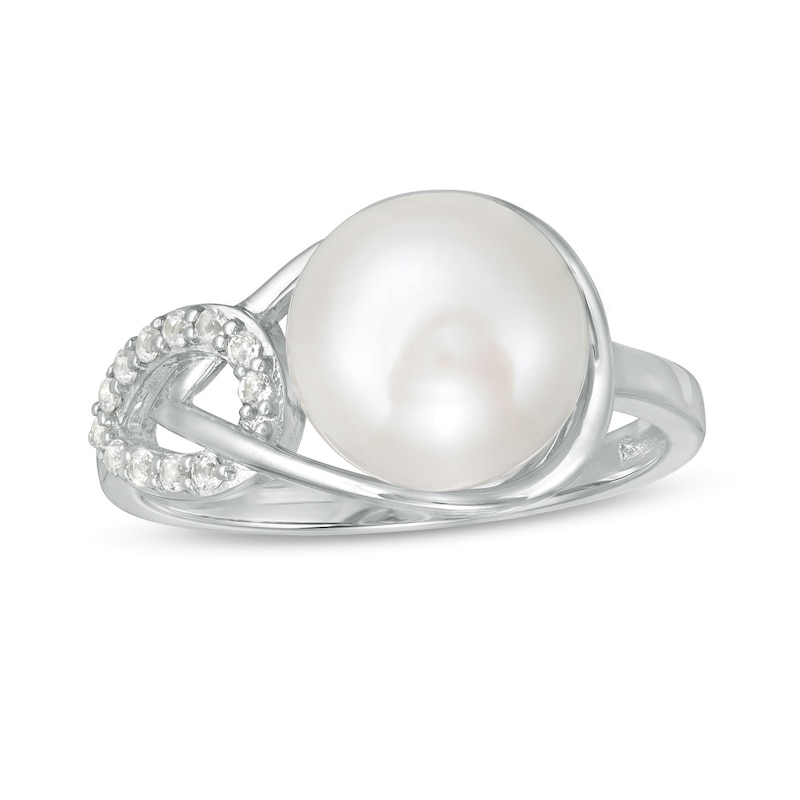 Main Image 1 of 9.0-10.0mm Button Freshwater Cultured Pearl and White Topaz Interlocking Double Loop ring in Sterling Silver
