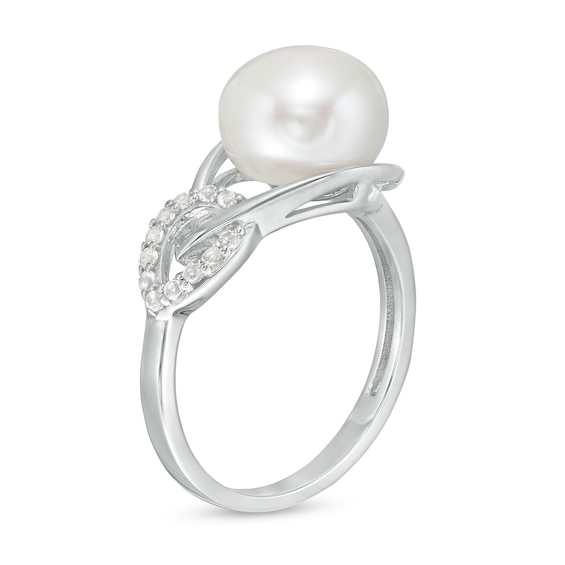 9.0-10.0mm Button Freshwater Cultured Pearl and White Topaz Interlocking Double Loop ring in Sterling Silver