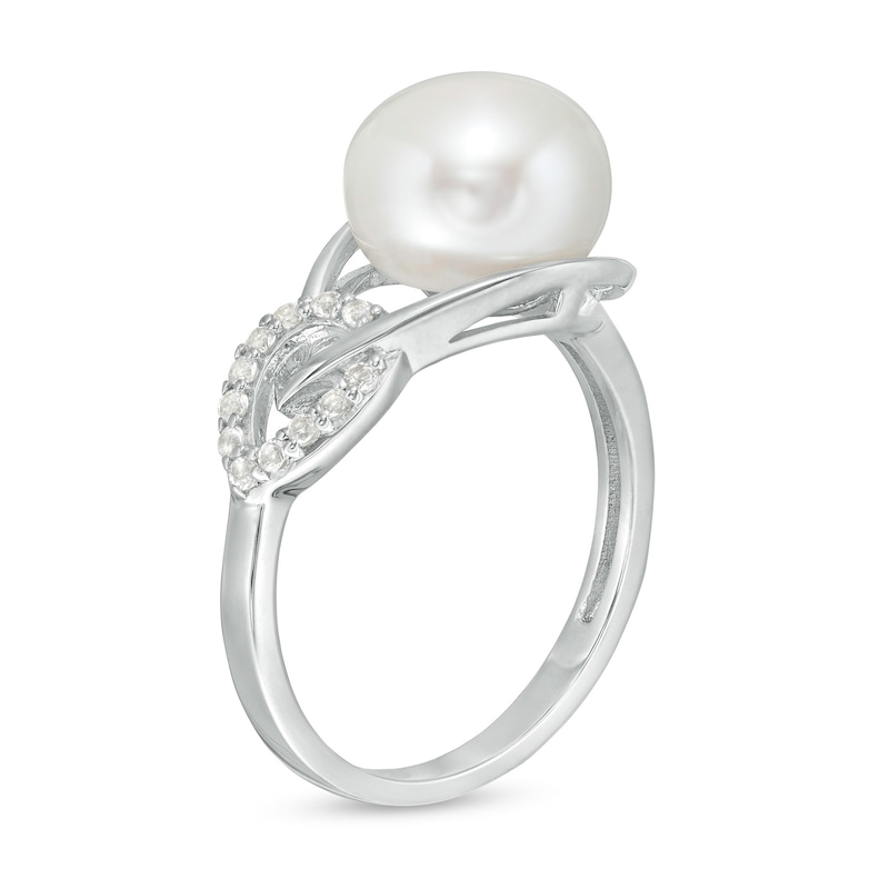 Main Image 3 of 9.0-10.0mm Button Freshwater Cultured Pearl and White Topaz Interlocking Double Loop ring in Sterling Silver