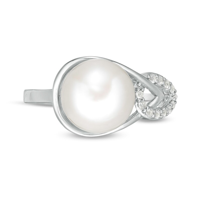 Main Image 4 of 9.0-10.0mm Button Freshwater Cultured Pearl and White Topaz Interlocking Double Loop ring in Sterling Silver