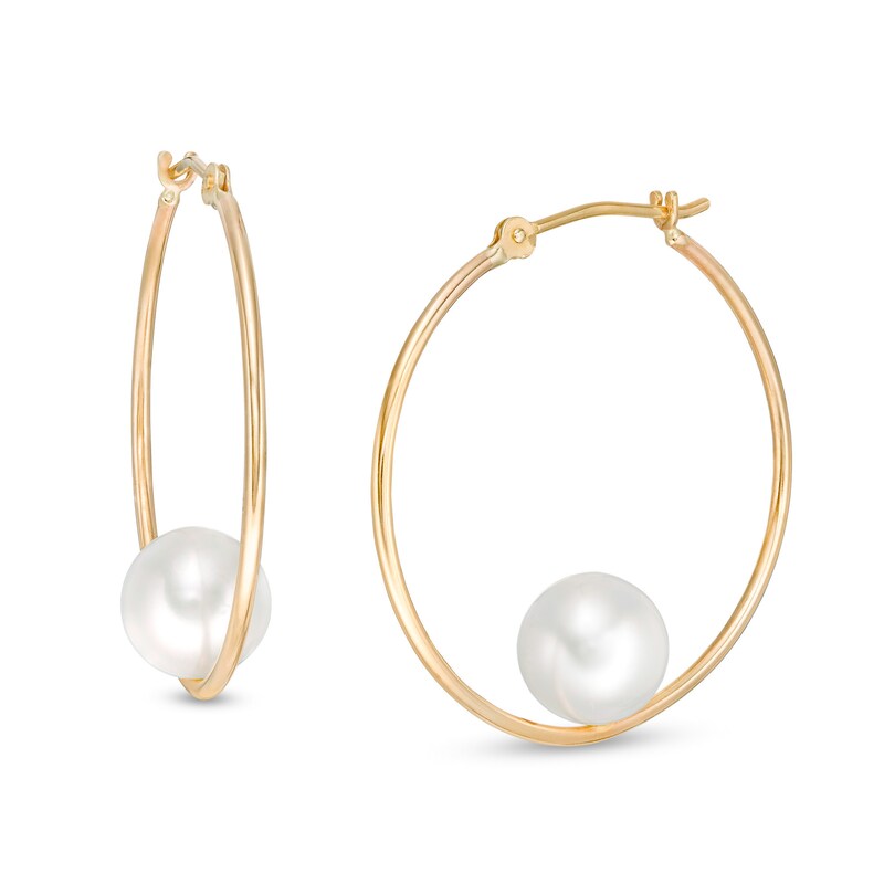Main Image 1 of 7.5-8.0mm Freshwater Cultured Pearl Hoop Earrings in 10K Gold