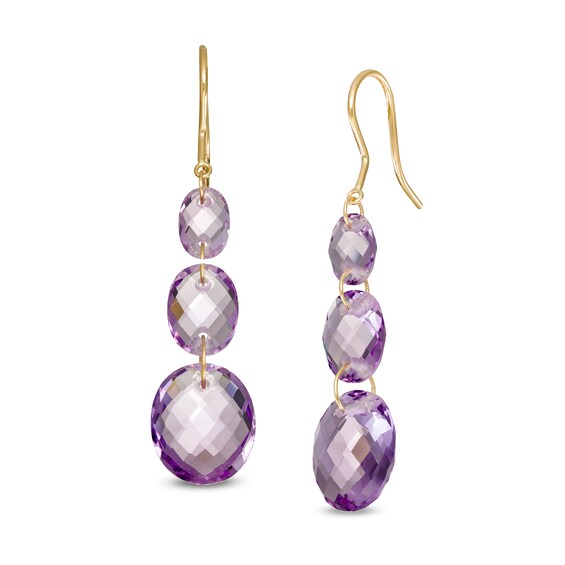 Checkerboard Rose de France Amethyst Graduated Bead Triple Drop Earrings in 10K Gold