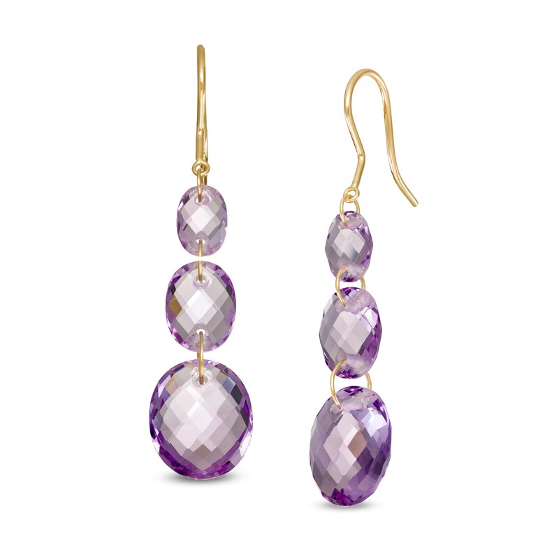 Main Image 1 of Checkerboard Rose de France Amethyst Graduated Bead Triple Drop Earrings in 10K Gold