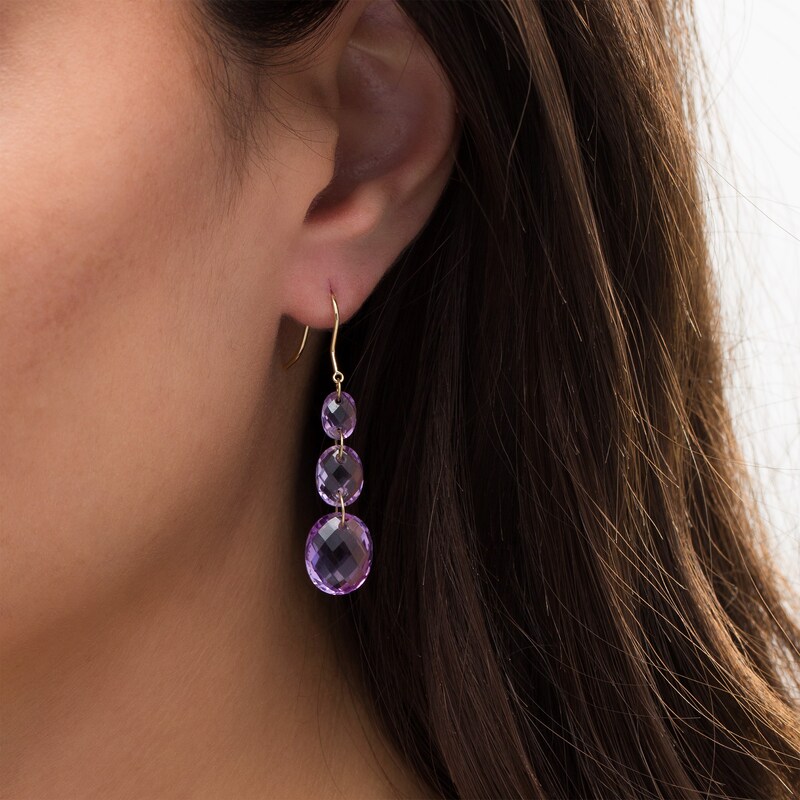 Main Image 2 of Checkerboard Rose de France Amethyst Graduated Bead Triple Drop Earrings in 10K Gold