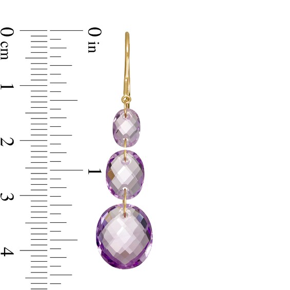 Checkerboard Rose de France Amethyst Graduated Bead Triple Drop Earrings in 10K Gold