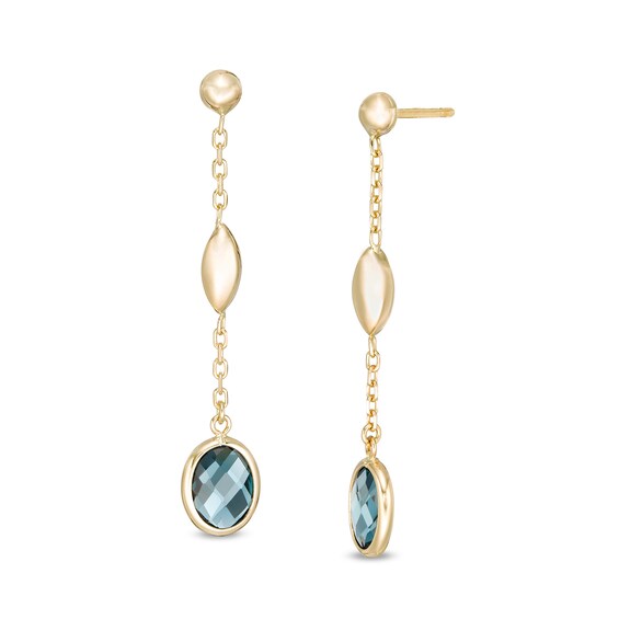 Checkerboard Oval London Blue Topaz and Rice Bead Station Drop Earrings in 14K Gold