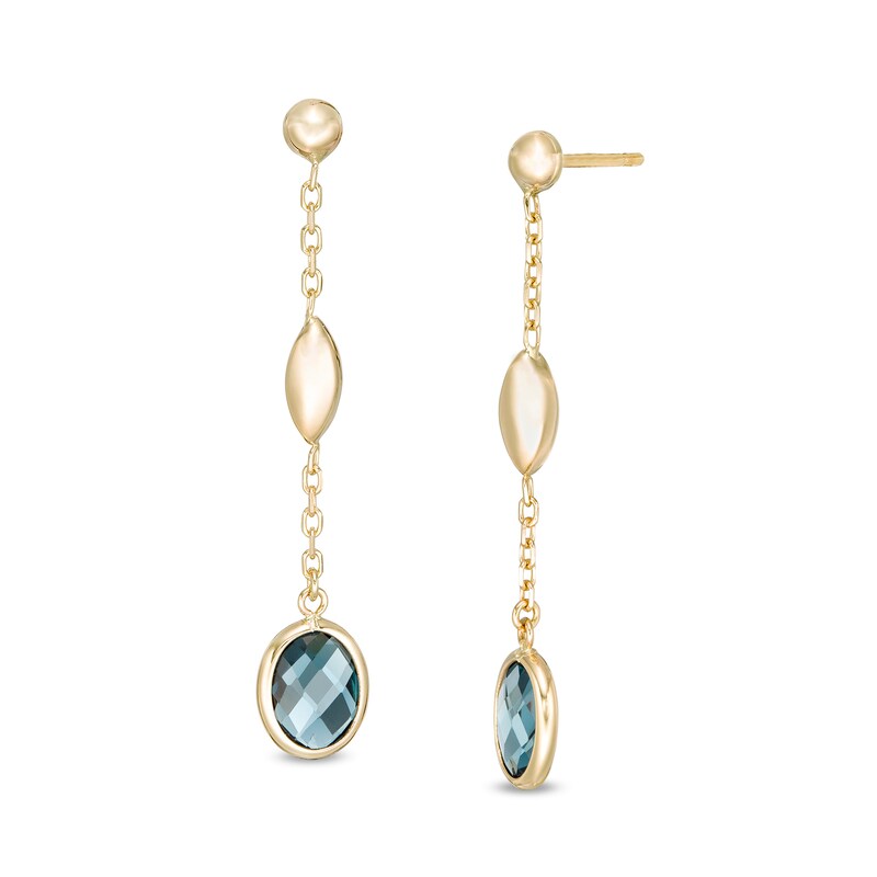 Main Image 1 of Checkerboard Oval London Blue Topaz and Rice Bead Station Drop Earrings in 14K Gold